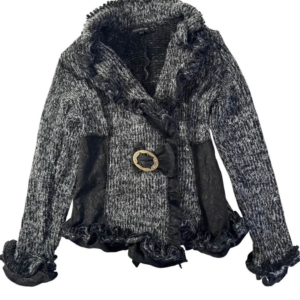 COCO & TASHI Black White Marled Ruffle Lace Cardigan Sweater‎ Women's L Office